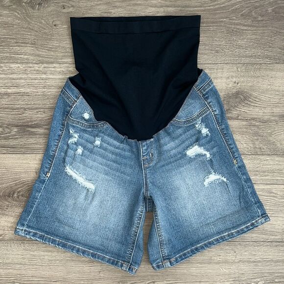 1822 Denim Maternity Shorts Size 4 Distressed Light Blue Belly Panel Roll Hem - Picture 5 of 11